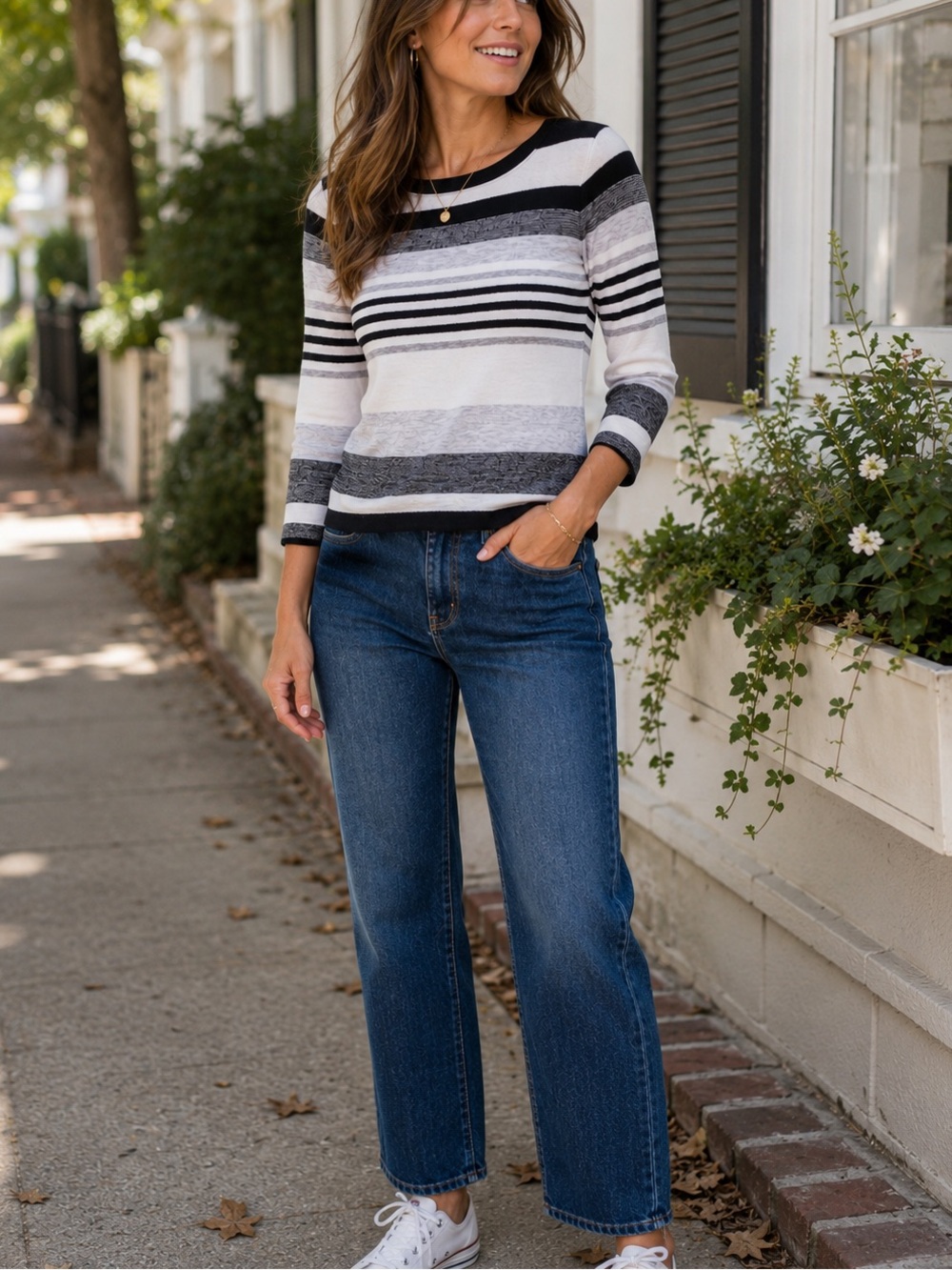 Talbots T by Talbots Striped Cotton Top XS Black White Gray 3/4 Sleeve